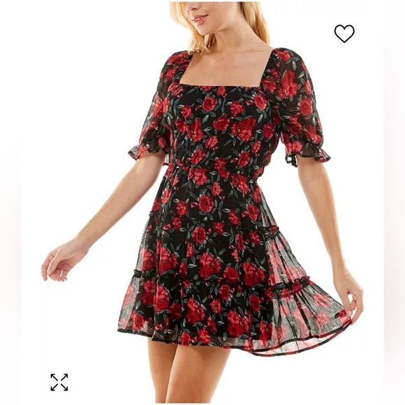 Trixxi Dresses & Skirts - TRIXXI FLORAL RED and BLACK PUFF SLEEVE DRESS- Size MED-NWT